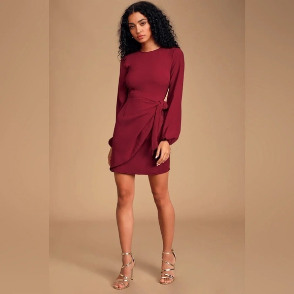 Lulus Dresses & Skirts - Lulus Believe It or Knot Wine Red Long
Sleeve Tie-Front Skater Dress